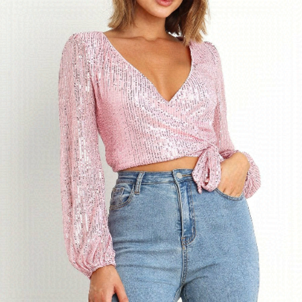 Petal & Pup Wrap Style Beaded Crop Pink Top Glitz, size 0 (XS) NWT